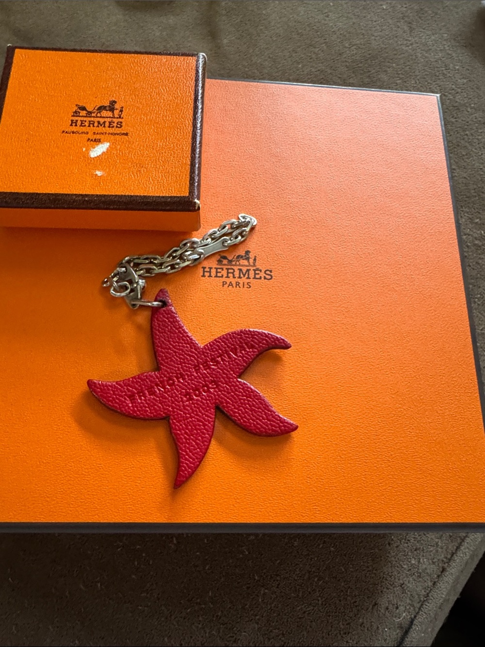 Hermes Red/Orange Starfish Leather Bag Charm Keychain with Boxes